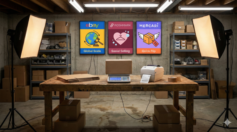 Comparison of eBay vs Poshmark vs Mercari logos in a warehouse setting