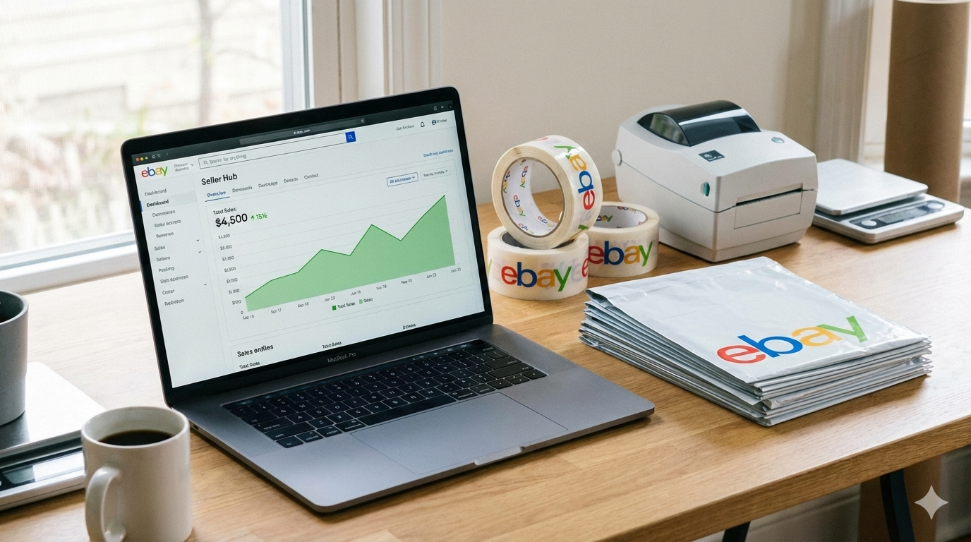 Professional eBay selling strategy dashboard with eBay branded shipping supplies and a laptop