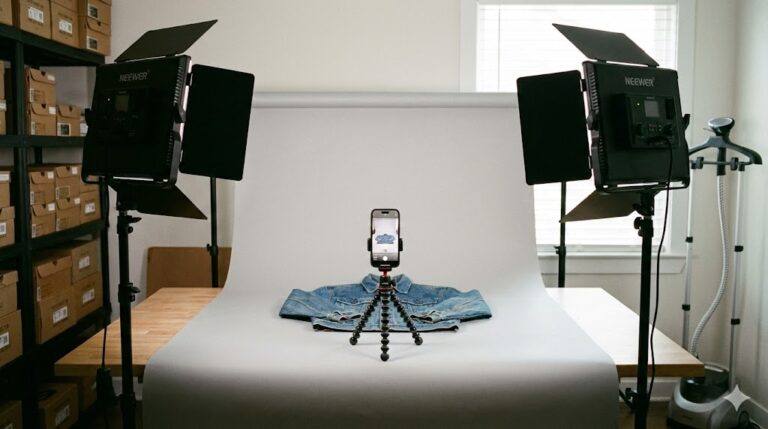 Professional reseller photography gear setup with Neewer LED lights and an iPhone