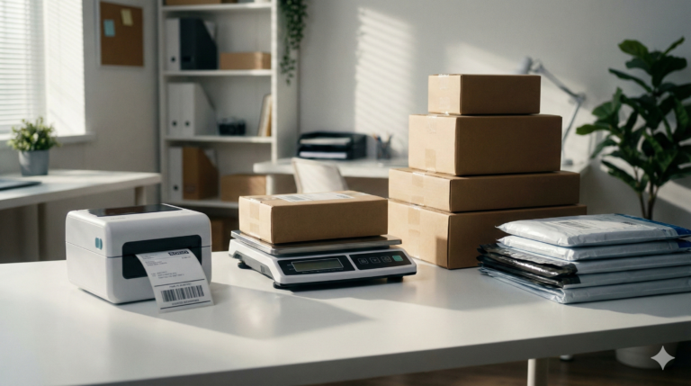 Reseller shipping guide showing a thermal printer and packages