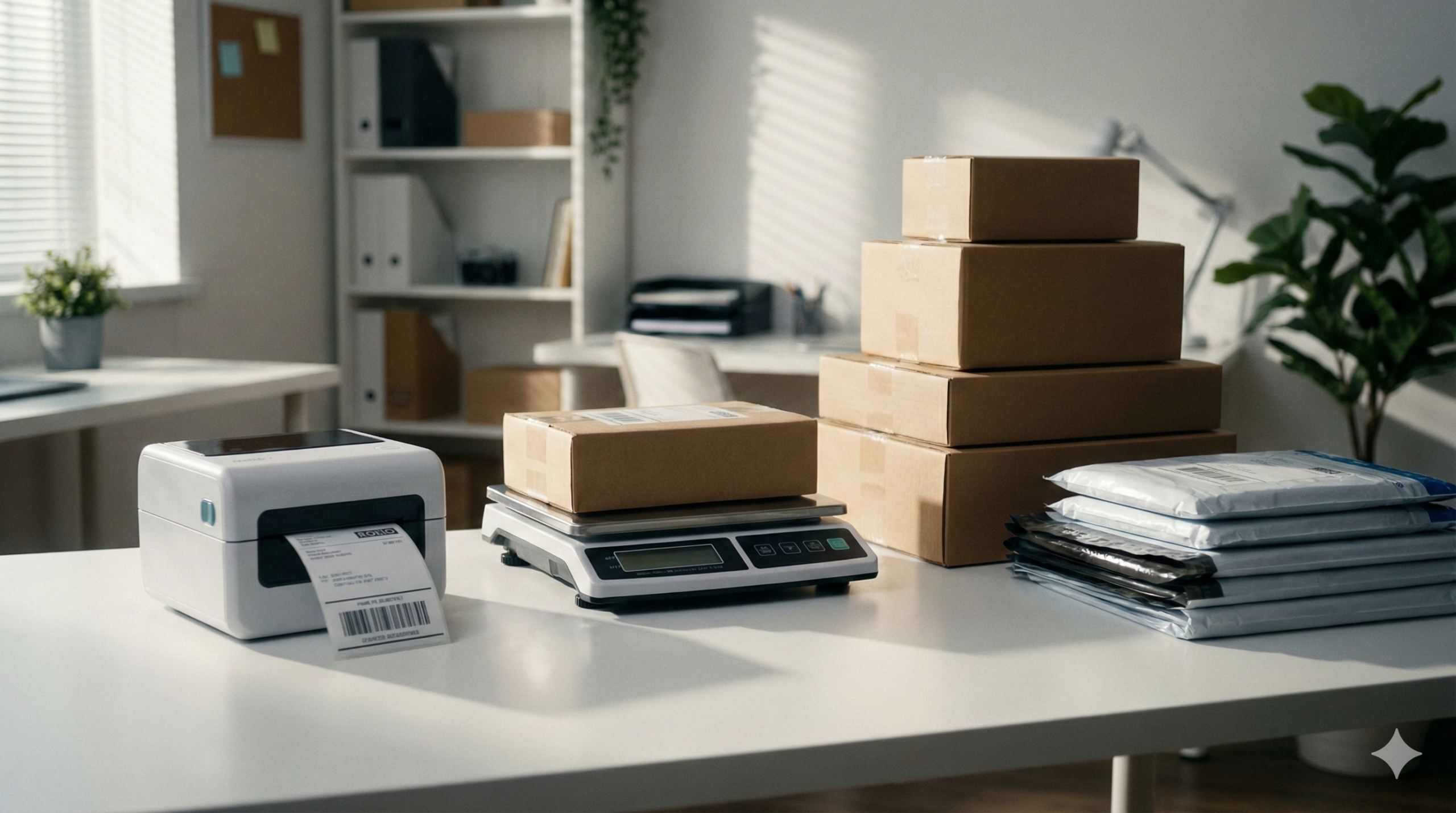 Reseller shipping guide showing a thermal printer and packages