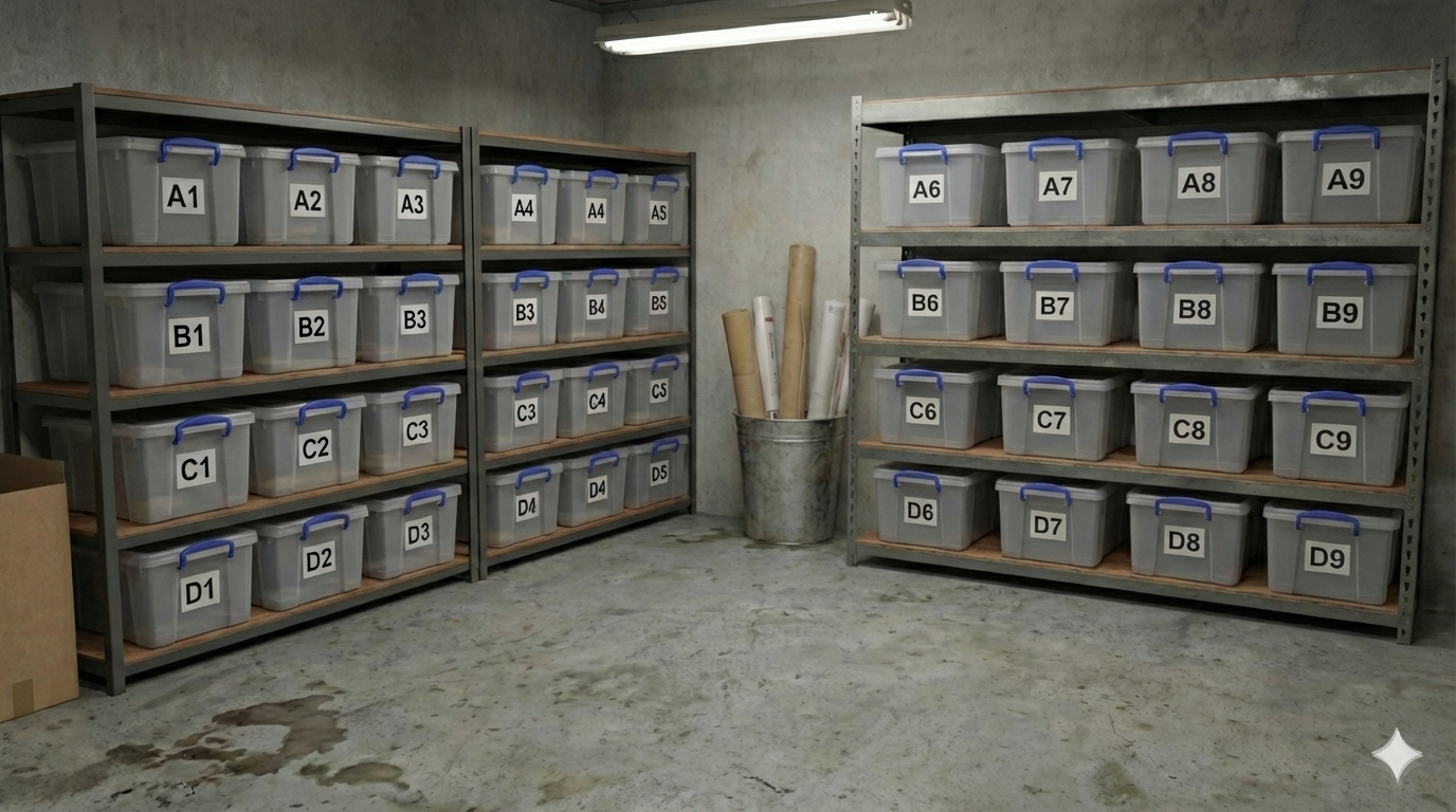 Reseller inventory storage system with labeled clear bins on wire racking